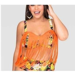 Plus Size 16 Fringe Bikini Top Ashley Stewart Orange Black Tropical Print Swim